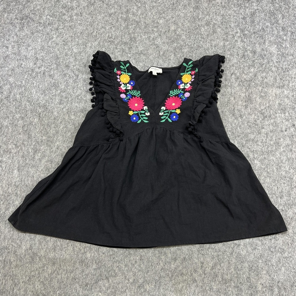 Umgee Blouse Womens L Black Embroidered Floral Ruffle Sleeveless Tunic Top Boho
